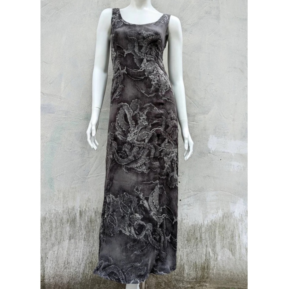 Vintage 1990s Kenzo 100 % silk dragon Black grey  Sleeveless maxi Dress